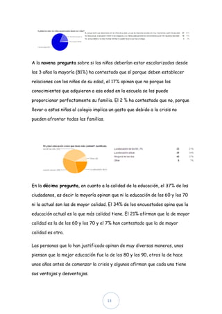 A la novena pregunta sobre si los niños deberían estar escolarizados desde

los 3 años la mayoría (81%) ha contestado que sí porque deben establecer

relaciones con los niños de su edad, el 17% opinan que no porque los

conocimientos que adquieren a esa edad en la escuela se los puede

proporcionar perfectamente su familia. El 2 % ha contestado que no, porque

llevar a estos niños al colegio implica un gasto que debido a la crisis no

pueden afrontar todas las familias.




En la décima pregunta, en cuanto a la calidad de la educación, el 37% de los

ciudadanos, es decir la mayoría opinan que ni la educación de los 60 y los 70

ni la actual son las de mayor calidad. El 34% de los encuestados opina que la

educación actual es la que más calidad tiene. El 21% afirman que la de mayor

calidad es la de los 60 y los 70 y el 7% han contestado que la de mayor

calidad es otra.

Las personas que lo han justificado opinan de muy diversas maneras, unos

piensan que la mejor educación fue la de los 80 y los 90, otros la de hace

unos años antes de comenzar la crisis y algunos afirman que cada una tiene

sus ventajas y desventajas.




                                      13
 