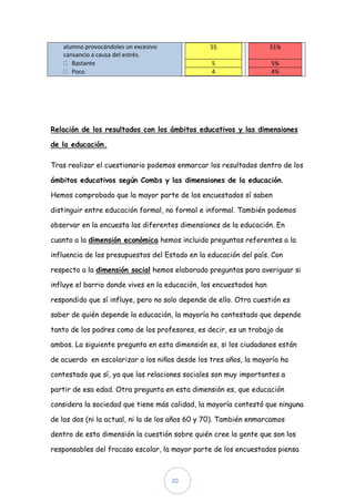 alumno provocándoles un excesivo              55                  51%
   cansancio a causa del estrés.
      Bastante                                   5                   5%
      Poco                                       4                   4%




Relación de los resultados con los ámbitos educativos y las dimensiones

de la educación.

Tras realizar el cuestionario podemos enmarcar los resultados dentro de los

ámbitos educativos según Combs y las dimensiones de la educación.

Hemos comprobado que la mayor parte de los encuestados sí saben

distinguir entre educación formal, no formal e informal. También podemos

observar en la encuesta las diferentes dimensiones de la educación. En

cuanto a la dimensión económica hemos incluido preguntas referentes a la

influencia de los presupuestos del Estado en la educación del país. Con

respecto a la dimensión social hemos elaborado preguntas para averiguar si

influye el barrio donde vives en la educación, los encuestados han

respondido que sí influye, pero no solo depende de ello. Otra cuestión es

saber de quién depende la educación, la mayoría ha contestado que depende

tanto de los padres como de los profesores, es decir, es un trabajo de

ambos. La siguiente pregunta en esta dimensión es, si los ciudadanos están

de acuerdo en escolarizar a los niños desde los tres años, la mayoría ha

contestado que sí, ya que las relaciones sociales son muy importantes a

partir de esa edad. Otra pregunta en esta dimensión es, que educación

considera la sociedad que tiene más calidad, la mayoría contestó que ninguna

de las dos (ni la actual, ni la de los años 60 y 70). También enmarcamos

dentro de esta dimensión la cuestión sobre quién cree la gente que son los

responsables del fracaso escolar, la mayor parte de los encuestados piensa



                                      20
 