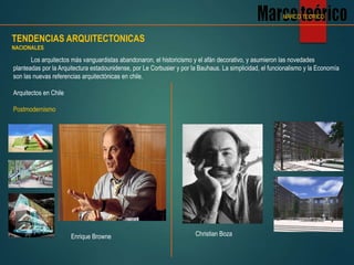 Los arquitectos más vanguardistas abandonaron, el historicismo y el afán decorativo, y asumieron las novedades
planteadas por la Arquitectura estadounidense, por Le Corbusier y por la Bauhaus. La simplicidad, el funcionalismo y la Economía
son las nuevas referencias arquitectónicas en chile.
Arquitectos en Chile
Postmodernismo
TENDENCIAS ARQUITECTONICAS
NACIONALES
MARCO TEORICO
Enrique Browne Christian Boza
 