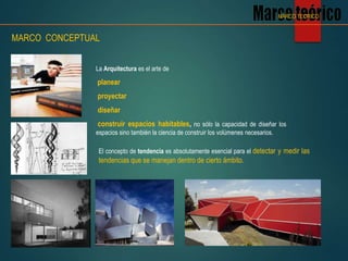 La Arquitectura es el arte de
planear
proyectar
diseñar
construir espacios habitables, no sólo la capacidad de diseñar los
espacios sino también la ciencia de construir los volúmenes necesarios.
El concepto de tendencia es absolutamente esencial para el detectar y medir las
tendencias que se manejan dentro de cierto ámbito.
MARCO TEORICO
MARCO CONCEPTUAL
 