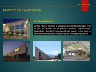 La idea nace de entender el comportamiento de las tendencias a nivel
de país, en relación con los grandes conceptos arquitectónicos,
desarrollados durante el transcurso del siglo pasado, ya que estos se
ven claramente marcados hasta el día de hoy en nuestra arquitectura.
IDEA DE INVESTIGACIÓN
PROPOSITO DE LA INVESTIGACIÓN
IDEA A INVESTIGAR.
 