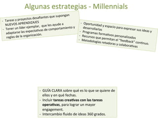 -­‐  GUÍA	
  CLARA	
  sobre	
  qué	
  es	
  lo	
  que	
  se	
  quiere	
  de	
  
ellos	
  y	
  en	
  qué	
  fechas.	
  
-­‐  Incluir	
  tareas	
  crea(vas	
  con	
  las	
  tareas	
  
opera(vas,	
  para	
  lograr	
  un	
  mayor	
  
engagement.	
  
-­‐  Intercambio	
  ﬂuido	
  de	
  ideas	
  360	
  grados.	
  
-­‐  Tareas	
  y	
  proyectos	
  desaﬁantes	
  que	
  supongan	
  
NUEVOS	
  APRENDIZAJES	
  
-­‐  Tener	
  un	
  líder	
  ejemplar,	
  	
  que	
  les	
  ayude	
  a	
  
adaptarse	
  las	
  expectaMvas	
  de	
  comportamiento	
  y	
  
reglas	
  de	
  la	
  organización.	
  
-­‐  Oportunidad	
  y	
  espacio	
  para	
  expresar	
  sus	
  ideas	
  y	
  
desarrollarlas	
  -­‐  Programas	
  formaMvos	
  personalizados	
  	
  
-­‐  Recursos	
  que	
  permitan	
  el	
  “feedback”	
  conMnuo.	
  
-­‐  Metodologías	
  retadoras	
  y	
  colaboraMvas	
  
Algunas	
  estrategias	
  -­‐	
  Millennials	
  
 