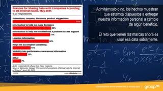 CONVERGENCIA ENTRE MARKETING Y TECNOLOGÍA
Admitámoslo o no, los hechos muestran
que estamos dispuestos a entregar
nuestra información personal a cambio
de algún beneficio.
El reto que tienen las marcas ahora es
usar esa data sabiamente.
 