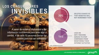 LOS USUARIOS CONTRA LA PUBLICIDAD
LOS CONSUMIDORES
A pesar de estamos dispuestos a dar
información confidencial para tener algo a
cambio, 4 de cada 10 personas borran las
cookies para nos ser rastreados
INVISIBLES
Fuente: GlobalWebIndex Q2 2015
 