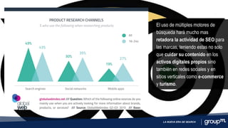 El uso de múltiples motores de
búsqueda hará mucho mas
retadora la actividad de SEO para
las marcas, teniendo estas no solo
que cuidar su contenido en los
activos digitales propios sino
también en redes sociales y en
sitios verticales como e-commerce
y turismo.
LA NUEVA ERA DE SEARCH
 