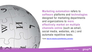 EL DOMINIO DEL TIEMPO REAL
Marketing automation refers to
software platforms and technologies
designed for marketing departments
and organizations to more
effectively market on multiple
channels online (such as email,
social media, websites, etc.) and
automate repetitive tasks.
Fuente: https://en.wikipedia.org/wiki/Marketing_automation
 