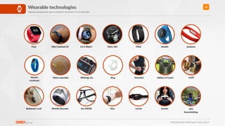 TENDENCIAS DIGITALES 2016-2017
16Wearable technologies
Algunas propuestas que se pueden encontrar en el mercado
FiLip Nike Fuelband SE LG G Watch Moto 360 Fitbit iHealth Jawbone
Garmin
vivoSmart
Tagoo wearable Withings Ox Ring Hexoskin Adidas mi Coach CUFF
Bellabeat’s Leaf Wris3fy Bracelet Jins MEME Myo Lechal Emo3v AiQ
Smartclothing
 