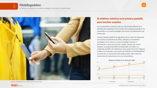 TENDENCIAS DIGITALES 2016-2017
28Mobilegeddon
El móvil se convierte en el centro neurálgico de acceso a la información
Fuentes: Global Web Index, Mobile MarkeRng AssociaRon
El teléfono móvil ya es la primera pantalla
para muchos usuarios
Los consumidores invierten cada vez más >empo delante de la
pantalla del smartphone. Para muchos esta pequeña pantalla se ha
conver>do en el centro neurálgico de acceso a la información y de
interacción.
Cuando Google modiﬁcó los algoritmos de su motor de búsqueda
en el primer cuatrimestre de 2015, an>cipó un movimiento
estratégico en la manera en que la sociedad consume la
información y cierra procesos de compra. Apenas seis meses
después, la pequeña pantalla ha desplazado a la tablet y al
ordenador portá>l y de sobremesa como punto de acceso. Algunos
medios han bau>zado a este punto de inﬂexión el “Mobilegeddon”,
un punto de no retorno lleno de implicaciones sobre cómo las
marcas han de comunicarse con sus consumidores.
Tiempo invertido en el móvil por edad
0,9
1,8
2,6
3,5
2012 2013 2014 2015
0,37
0,51 0,56 0,58
1,88
2,34
2,92
3,26
16-24 años 55-64 años
 