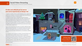 TENDENCIAS DIGITALES 2016-2017
31Social Video Streaming
El video forma parte inherente de la revolución de Internet
El video será uXlizado por lar marcas  
para narrar experiencias en Xempo real
“Imagínate comparRr online no solo momentos con tus amigos si no
experiencias completas y aventuras”, escribía Mark Zuckerberg tras
la adquisición de Oculus en marzo de 2014. 
A mediados de 2015 Disney y Facebook lanzaron la primera
experiencia inmersiva 360 vinculada a Star Wars: El Despertar de la
Fuerza; para ﬁnales de año, Google felicitaba la Navidad con un
vídeo 360 animado, The Special Delivery, en el que puedes seguir la
acción con la ayuda de gafas inmersivas Cardboard y el movimiento
del teléfono móvil. Se trata del preludio de una nueva era en la que
el vídeo vuelve a adquirir peso.
Según el Cisco Visual Networking Index, para 2019 el 80% del tráﬁco
global de Internet será vídeo y se consumirá 9 millones de minutos
de vídeo cada segundo. Se generará tanta información en vídeo
cada mes que, para verla completamente, se necesitarían 5 millones
de años.
Las estadísRcas más recientes de YouTube y Facebook hablan por sí
solas: Desde marzo de 2014 a marzo de 2015, el número de
personas que consumen vídeo ha aumentado el 40%. En Facebook
el número de vídeos de personas y marcas ha aumentado 3,6 veces
solo en 2015. Lo más interesante es que Snapchat, la red social de
contenidos eHmeros, recibe 6.000 millones de visualizaciones de
vídeo cada día, lo que representa una cifra tres veces superior a la
de inicios de 2015. Fuentes: ‘The Special Delivery,’ (Google); Cisco
CAPTURA EL BIDI 
para ver el vídeo 360
‘The Special Delivery’
 