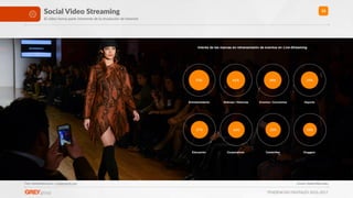 TENDENCIAS DIGITALES 2016-2017
33
Foto: FashionStock.com / shuyerstock.com
Social Video Streaming
El video forma parte inherente de la revolución de Internet
Fuente: Global Web Index
53% 41% 38% 29%
27% 26% 22% 19%
Interés de las marcas en retransmisión de eventos en Live-Streaming
Entretenimiento Noticias / Historias Eventos / Conciertos Deporte
Educación Corporativos Celebrities Vloggers
 