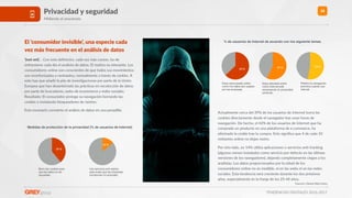 TENDENCIAS DIGITALES 2016-2017
38
Fuentes: Global Web Index
El ‘consumidor invisible’, una especie cada
vez más frecuente en el análisis de datos
‘(not set)’… Con esta deﬁnición, cada vez más común, ha de
enfrentarse cada día el analista de datos. El moRvo es relevante: Los
consumidores online son conscientes de que todos sus movimientos
son monitorizados y rastreados, normalmente a través de cookies. A
esto hay que añadir la pila de invesRgaciones por parte de la Unión
Europea que han desenterrado las prácRcas en recolección de datos
por parte de buscadores, webs de ecommerce y redes sociales.
Resultado: El consumidor protege su navegación borrando las
cookies o instalando bloqueadores de rastreo.
Este escenario convierte el análisis de datos en una pesadilla.
Actualmente cerca del 39% de los usuarios de Internet borra las
cookies directamente desde el navegador tras unas horas de
navegación. De hecho, el 42% de los usuarios de Internet que ha
comprado un producto en una plataforma de e.commerce, ha
eliminado la cookie tras la compra. Esto signiﬁca que 4 de cada 10
visitantes online no dejan rastro.
Por otro lado, un 14% uRliza aplicaciones o servicios anR-tracking
(algunos vienen instalados como servicio por defecto en las úlRmas
versiones de los navegadores), dejando completamente ciegos a los
analistas. Los datos proporcionados por la mitad de los
consumidores online no es medible, ni en las webs ni en las redes
sociales. Esta tendencia será creciente durante los dos próximos
años, especialmente en la franja de los 25-44 años.
Privacidad y seguridad
Midiendo el anonimato
63 %
57 % 53 %
% de usuarios de Internet de acuerdo con los siguiente temas
Estoy preocupado sobre
cómo mis datos son usados
por las empresas
Estoy afectado sobre
cómo Internet está
erosionando mi privacidad
personal.
Preﬁero la navegación
anónima cuando uso
Internet
39 %
14 %
Medidas de protección de la privacidad (% de usuarios de Internet)
Borro las cookies para
que las webs no me
recuerden
Uso servicios anti-rastreo
para evitar que las empresas
monitoricen mi actividad
 