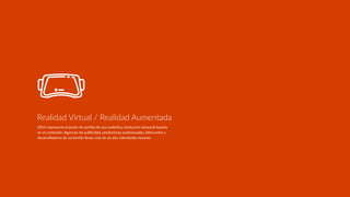 2016 representa el punto de parRda de una auténRca revolución sensorial basada
en el contenido. Agencias de publicidad, productoras audiovisuales, fabricantes y
desarrolladores de contenido llevan más de un año calentando motores.
Realidad Virtual / Realidad Aumentada
 
