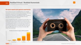 TENDENCIAS DIGITALES 2016-2017
7Realidad Virtual / Realidad Aumentada
Una revolución sensorial basada en el contenido
Un nuevo espacio para generar experiencias
Este año 2016 será el año de la Realidad Virtual y de la Realidad
Aumentada. No lo decimos nosotros, lo dice el mercado. Fabricantes
de hardware, productoras de cine, agencias de publicidad,
productoras de videojuegos y desarrolladores de apps, coinciden en
que ambas experiencias aportarán al consumidor una nueva
dimensión en el consumo de contenidos.
Aunque la Realidad Virtual (VR) y la Realidad Aumentada (AR) son un
territorio virgen aún en fase de exploración, lo cierto es que está
comenzando a seducir a grandes marcas, que han dado sus primeros
pasos desarrollando experiencias embrionarias para intensiﬁcar la
experiencia de venta o preventa de productos (Marriot, Volvo, Fox
Sports, Circle du Soleil, Samsung, Red Bull, Wells Fargo, Mountain
Dew, Audi, BBC, Ferrari, Ford, Lexus, Monarch, Movistar, NBC,
Oakley, Tesco, entre otros).
Fuentes: Forbes, Digi Capital, TechCrunch
Previsión de volumen de negocio AR/VR (worldwide)
0
20
40
60
80
100
120
140
160
2016 2017 2018 2019 2020
Augmented Reality Virtual Reality
 