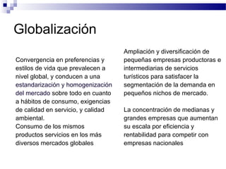 Globalización
Convergencia en preferencias y
estilos de vida que prevalecen a
nivel global, y conducen a una
estandarización y homogenización
del mercado sobre todo en cuanto
a hábitos de consumo, exigencias
de calidad en servicio, y calidad
ambiental.
Consumo de los mismos
productos servicios en los más
diversos mercados globales
Ampliación y diversificación de
pequeñas empresas productoras e
intermediarias de servicios
turísticos para satisfacer la
segmentación de la demanda en
pequeños nichos de mercado.
La concentración de medianas y
grandes empresas que aumentan
su escala por eficiencia y
rentabilidad para competir con
empresas nacionales
 
