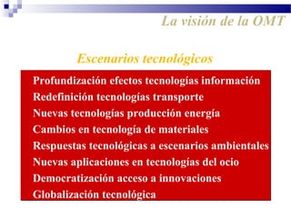 Escenarios tecnológicos
Profundización efectos tecnologías información
Redefinición tecnologías transporte
Nuevas tecnologías producción energía
Cambios en tecnología de materiales
Respuestas tecnológicas a escenarios ambientales
Nuevas aplicaciones en tecnologías del ocio
Democratización acceso a innovaciones
Globalización tecnológica
Profundización efectos tecnologías información
Redefinición tecnologías transporte
Nuevas tecnologías producción energía
Cambios en tecnología de materiales
Respuestas tecnológicas a escenarios ambientales
Nuevas aplicaciones en tecnologías del ocio
Democratización acceso a innovaciones
Globalización tecnológica
La visión de la OMT
 