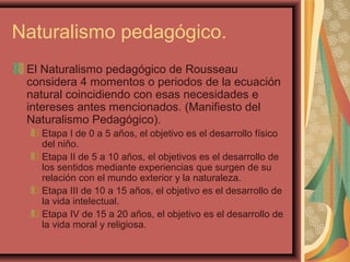 Naturalismo pedagógico.
El Naturalismo pedagógico de Rousseau
considera 4 momentos o periodos de la ecuación
natural coincidiendo con esas necesidades e
intereses antes mencionados. (Manifiesto del
Naturalismo Pedagógico).
Etapa I de 0 a 5 años, el objetivo es el desarrollo físico
del niño.
Etapa II de 5 a 10 años, el objetivos es el desarrollo de
los sentidos mediante experiencias que surgen de su
relación con el mundo exterior y la naturaleza.
Etapa III de 10 a 15 años, el objetivo es el desarrollo de
la vida intelectual.
Etapa IV de 15 a 20 años, el objetivo es el desarrollo de
la vida moral y religiosa.
 