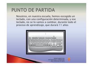 DEPARTAMENTO DE
METODOLOGÍA Y FORMACIÓN
REAL SPORTING DE GIJÓN
Nosotros, en nuestra escuela, hemos escogido un
teclado, con una configuración determinada, y ese
teclado, no se lo vamos a cambiar, durante todo el
proceso de aprendizaje, que durará 11 años
 