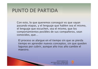 DEPARTAMENTO DE
METODOLOGÍA Y FORMACIÓN
REAL SPORTING DE GIJÓN
Con esto, lo que queremos conseguir es que vayan
pasando etapas, y el lenguaje que hablen sea el mismo,
el lenguaje que escuchen, sea el mismo, que los
comportamientos posibles de sus compañeros, sean
conocidos, que…
El proceso se alargue en el tiempo sin que se pierda
tiempo en aprender nuevos conceptos, sin que queden
lagunas por cubrir, aunque año tras año cambie el
maestro.
 
