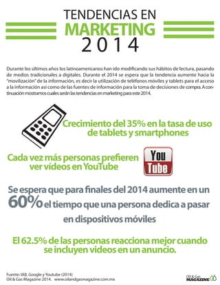 TENDENCIAS EN

MARKETING

2014

Durante los últimos años los latinoamericanos han ido modificando sus hábitos de lectura, pasando
de medios tradicionales a digitales. Durante el 2014 se espera que la tendencia aumente hacia la
“movilización” de la información, es decir la utilización de teléfonos móviles y tablets para el acceso
a la información así como de las fuentes de información para la toma de decisiones de compra. A continuación mostramos cuales serán las tendencias en marketing para este 2014.

Crecimiento del 35% en la tasa de uso
de tablets y smartphones
Cada vez más personas prefieren
ver vídeos en YouTube
Se espera que para finales del 2014 aumente en un
el tiempo que una persona dedica a pasar
en dispositivos móviles

60%

El 62.5% de las personas reacciona mejor cuando
se incluyen videos en un anuncio.
Fuente: IAB, Google y Youtube (2014)
Oil & Gas Magazine 2014. www.oilandgasmagazine.com.mx

 