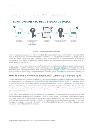 TENDENCIAS 2014

13

A continuación, se muestra un esquema que resume el funcionamiento del cifrado de datos:

Esquema 3 Funcionamiento del cifrado de datos

Tal como se aprecia en el esquema, en el primer cuadrado (1) es posible observar que la información se encuentra en texto
plano, es decir, descifrada. Posteriormente, se cifra la información y se protege mediante una llave (2). Luego, cualquier
usuario que intente acceder a los datos cifrados y no posea la llave adecuada, se verá imposibilitado de acceder a la
información de forma legible (3). Finalmente, aquellas personas que sí posean la llave podrán descifrar los datos (4) y
acceder al mensaje original (5).
En base a esto, es recomendable cifrar siempre la información antes de subirla a la nube. De este modo, los datos no podrán
ser descifrados y accedidos por terceros. Asimismo, tecnologías como Microsoft BitLocker permiten cifrar los archivos
almacenados en el sistema de forma local (en el propio equipo del usuario), por lo tanto, cifrar la información tanto de
forma local como en la nube mitiga considerablemente la posibilidad que un atacante pueda hacer mal uso de esos datos.

Robo de información y doble autenticación como mitigación de ataques
Tal como se abordó en el documento Tendencias 2013: Vertiginoso crecimiento de malware para móviles, casos de fuga de
información producto de ataques perpetrados por terceros han continuado ocurriendo a lo largo de 2013. Casos como el
de Burger King, en donde atacantes vulneraron la contraseña de la cuenta de Twitter de esa franquicia de comida rápida y
publicaron publicidad de su competencia, como también las diversas amenazas informáticas que intentan robar
contraseñas (códigos maliciosos, fuerza bruta, ataque a servidores y phishing), han demostrado empíricamente que la
autenticación simple a través del factor de conocimiento (uso de un usuario y contraseña) es una medida insuficiente para
reducir el impacto de los ataques.
En esta línea, la doble autenticación es una metodología que implementa un segundo factor de autenticación, de modo
que atenúa los riesgos ante un ataque. Por ejemplo, cuando un usuario accede a su cuenta (de correo, red social, banco,
etc.), aparte de ingresar las credenciales de acceso (autenticación simple) tendrá que escribir un segundo código de
verificación que suele ser enviado al teléfono inteligente por medio de un mensaje de texto o una aplicación. De este modo,
si un atacante logra obtener un nombre de usuario y contraseña, no podrá comprometer la privacidad del usuario porque
desconocerá el segundo factor de autenticación.

El siguiente esquema simplifica y aclara el funcionamiento de este sistema:

 