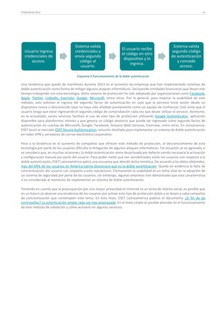 TENDENCIAS 2014

Usuario ingresa
credenciales de
acceso.

14

Sistema valida
credenciales y
envía segundo
código al
usuario.

El usuario recibe
el código en otro
dispositivo y lo
ingresa.

Sistema valida
segundo código
de autenticación
y concede
acceso.

Esquema 4 Funcionamiento de la doble autenticación

Una tendencia que quedó de manifiesto durante 2013 es el aumento de empresas que han implementado sistemas de
doble autenticación como forma de mitigar algunos ataques informáticos. Excluyendo entidades financieras que llevan más
tiempo trabajando con esta tecnología, dicho sistema de protección ha sido adoptado por organizaciones como Facebook,
Apple, Twitter, LinkedIn, Evernote, Google, Microsoft, entre otras. Por lo general, para mejorar la usabilidad de este
método, solo solicitan el ingreso del segundo factor de autenticación en caso que la persona inicie sesión desde un
dispositivo nuevo o desconocido (que no haya sido añadido previamente como un equipo de confianza). Esto evita que el
usuario tenga que estar ingresando el segundo código de comprobación cada vez que desee utilizar el servicio. Asimismo,
en la actualidad, varios servicios facilitan el uso de este tipo de protección utilizando Google Authenticator, aplicación
disponible para plataformas móviles y que genera un código aleatorio que puede ser ingresado como segundo factor de
autenticación en cuentas de Microsoft, Google, Facebook, Amazon Web Services, Evernote, entre otras. En consonancia,
ESET lanzó al mercado ESET Secure Authentication, solución diseñada para implementar un sistema de doble autenticación
en redes VPN y servidores de correo electrónico corporativo.
Pese a la tendencia en el aumento de compañías que ofrecen este método de protección, el desconocimiento de esta
tecnología por parte de los usuarios dificulta la mitigación de algunos ataques informáticos. Tal situación se ve agravada si
se considera que, en muchas ocasiones, la doble autenticación viene desactivada por defecto siendo necesaria la activación
y configuración manual por parte del usuario. Para poder medir qué tan sensibilizados están los usuarios con respecto a la
doble autenticación, ESET Latinoamérica aplicó una encuesta que abordó dicha temática. De acuerdo a los datos obtenidos,
más del 64% de los usuarios en América Latina desconoce qué es la doble autenticación. Queda en evidencia la falta de
concientización del usuario con respecto a este mecanismo. Ciertamente la usabilidad es un tema vital en la adopción de
un sistema de seguridad por parte de los usuarios, sin embargo, algunas empresas han demostrado que esta característica
sí es considerada al momento de implementar un sistema de doble autenticación.
Teniendo en cuenta que la preocupación por una mayor privacidad en Internet es un tema de interés social, es posible que
en un futuro se observe una tendencia de los usuarios por activar este tipo de protección doble y se lleven a cabo campañas
de concientización que contemplen este tema. En esta línea, ESET Latinoamérica publicó el documento ¿El fin de las
contraseñas? La autenticación simple cada vez más amenazada. En el texto citado es posible ahondar en el funcionamiento
de este método de validación y cómo activarlo en algunos servicios.

 