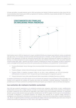 TENDENCIAS 2014

20

A través del gráfico, se puede observar que en 2010 solo existían tres familias. Conforme pasaron los años, dicha cifra fue
incrementándose de tal modo que en 2011 se reportaron 51 familias, en 2012 63, y hasta octubre de 2013, 79. El siguiente
gráfico muestra esta tendencia:

Cabe destacar que en 2013 se reportaron la mayor cantidad de familias de malware para Android, incluso considerando
solo diez meses. Si se compara el mismo período de tiempo (de enero a octubre), en 2012 aparecieron 55 familias y en
2013 79. Esto representa un 43,6% de crecimiento durante 2013. Otro aspecto interesante de analizar con respecto a las
familias, es el descubrimiento de nuevas categorías de troyanos para Android. Hasta hace un año, era común observar
troyanos espías (Spy), SMS y aquellos que buscan convertir el dispositivo en zombi. Sin embargo, en 2013 se reportaron
cuatro subcategorías de troyanos que antes solo se observaban para Windows y otras plataformas “convencionales”:
1.

Troyanos Downloader: buscan descargar otras amenazas desde Internet para posteriormente instalarlas en el
equipo.

2.

Troyanos Dropper: instalan otras amenazas que el propio troyano incluye dentro de su código.

3.

Troyanos Clicker: el objetivo es generar tráfico en un sitio o aviso publicitario con el fin de aumentar
artificialmente el número de “clics”. Esto permite que el atacante genere una ganancia superior.

4.

Troyanos bancarios: busca robar específicamente datos relacionados a entidades financieras y bancos.

La tendencia dominante no solo tiene relación con el crecimiento de amenazas para la plataforma móvil de Google, sino
también con la aparición de subtipos de troyanos que antes solo afectaban a sistemas operativos “tradicionales”. Es
probable que en el futuro aumenten la cantidad de familias de troyanos que componen cada una de estas subcategorías.

Las variantes de malware también aumentan
Otra cifra que aumentó nuevamente es la cantidad de variantes que componen cada familia, es decir, modificaciones
relativamente menores de un código malicioso conocido. Los atacantes suelen desarrollar nuevas variantes con el objetivo
de evadir la detección de las soluciones de seguridad y para añadir nuevas funcionalidades maliciosas. Es importante
destacar que para cada variante nueva que aparece, los laboratorios de ESET le asignan una letra que va incrementándose
de acuerdo al abecedario y la cantidad respectiva. Por ejemplo, dos variantes de un supuesto código malicioso se
catalogarían como Amenaza.A y Amenaza.B. En el caso de superar el número de letras disponibles, se repite el abecedario:
.AA, .AB, etc. El siguiente gráfico contempla cuatro familias de códigos maliciosos para Android; para cada una se incluye el
número de variantes que aparecieron en 2011, 2012 y 2013 según corresponda:

 