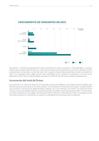 TENDENCIAS 2014

21

Nuevamente, la familia que experimentó el mayor crecimiento en cuanto a variantes es TrojanSMS.Agent. La primera
variante de este malware data de 2011 y en aquel momento llegó a estar conformada por tan solo 31 variantes. En 2012
se descubrieron 214 variantes y un año más tarde, 324. Le sigue el troyano Steek cuya primera variante se descubrió en
2012. En la actualidad, dicho código malicioso está conformado por 61 variantes en comparación a las tres que se
detectaron en 2012. Boxer y FakeInst también aumentaron en 2013 con 45 y 48 nuevas variantes respectivamente.

Incremento del total de firmas
El incremento en el número de firmas es otro indicador que permite establecer como tendencia que el malware para
Android continuará aumentando en los años venideros. Para comprender correctamente este aspecto, se debe entender
que una firma es una porción de código destinada a detectar una o más amenazas, por lo tanto, si el número de firmas
aumenta, es por la necesidad de detectar correctamente todos los malware nuevos que aparecen a diario. A continuación,
se muestra un gráfico con tres códigos maliciosos para Android. Todos fueron descubiertos en 2012, sin embargo, un año
más tarde presentaron un crecimiento con respecto a la cantidad de firmas necesarias para su detección:

 