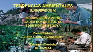 TENDENCIAS AMBIENTALES 
(UNICÓRDOBA) 
NELSON PEREZ PETRO 
JADER HOYOS BEDOYA 
EDER HOYOS BEDOYA 
Presentado a. 
Edith Cadavid Velásquez 
Sahagún-Córdoba 
07-10-2014 
 