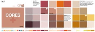 Brilho de Paris | 90R 16/386 
Vermelhos 
têm duas 
personalidades 
este ano: brilhante, 
tropical e lúdico ou 
suave, delicado e 
romântico. 
Colour FuturesTM 
Tendência Internacional 
de Cores 2015 
coRES Cor-chave 2015 – Vermelho Cor do ano 2015 – Laranja 
Impressionista | 70R 41/065 Malva do Inverno | 70R 57/070 Sorriso Jamaicano | 90R 27/440 
Idílico | 90R 35/060 Rosa Empoeirada | 10YR 50/101 Limonada Rosa | 90R 69/101 
Marrom Açaí | 84R 05/082 Raiz de Roseira | 70R 16/116 Rosa Nebulosa | 90R 76/062 
Transição do vermelho: uma paleta muito mais ampla este ano reflete a popularidade desta família de cor. Os tons rosados neutralizados e 
acinzentados dos últimos anos continuam sendo populares, porém nuances mais femininas retornam e substituem os vermelhos profundos 
cor de sangue. 
Coral Real | 80YR 57/179 Laranja Fiesta | 68YR 28/701 Vermelho Distintivo | 30YR 21/505 
Sombra de Cedro | 50YR 36/263 Muffin | 80YR 46/243 Toque de Noz Moscada | 80YR 67/085 
Estrada de Tijolos | 30YR 18/212 Extremo Sul | 70YR 27/404 
Laranjas brilham com 
tons acobreados 
vibrantes, desde o mais 
luminoso tom, quase 
vermelho, até o mais 
suave matiz cor de pele 
– esta é uma família 
de cor diversificada e 
emocionante. 
Marajoara | 30YR 16/162 Castanha Espanhola | 80YR 13/325 Biscoito de Castanha | 80YR 76/086 
Transição do laranja: a nuance brilhante de papaia e o laranja incandescente dos últimos dois anos se transformam num grupo de cores 
mais reconfortante e aconchegante, que traz de volta o laranja a cor da parede principal de um ambiente, ao invés de apenas um toque 
ousado para detalhes e acessórios. 
Bege Marfim | 10YY 68/110 
Campo Amanteigado | 20YY 51/306 
Amarelos são do sol quente e da 
areia ou lúdicos e cítricos. Estes 
não são amarelos florais que 
ficam escondidos no fundo, mas 
sim do tipo que se destacam e 
chamam atenção. 
Fendi | 20YY 38/225 
Cor-chave 2015 – Amarelo 
Brocado Rico | 20YY 40/608 Tesouro Oculto | 20YY 32/494 Amarelo Essencial | 45YY 66/512 
Cobre Califórnia | 00YY 23/557 Cappuccino | 00YY 21/321 Pêssego Branco | 10YY 83/071 
Transição do amarelo: ainda é uma família de cor relativamente pequena, amarelos estão menos esverdeados do que nos anos 
anteriores e mais em direção ao laranja, inspirados pelas paisagens do deserto. Essa família de cor se torna mais robusta também, 
com menos tons pálidos e mais tons de destaque. 
Evolução da cor do ano: para substituir os azuis e verdes frios dos últimos anos, um espectro de rosas, vermelhos e 
laranjas está aparecendo e vem refletir globalmente uma visão mais positiva do futuro.. 
2004 2005 2006 2007 2008 2009 2010 2011 2012 2013 2014 2015 2010 2011 2012 2013 2014 2015 2010 2011 2012 2013 2014 2015 2010 2011 2012 2013 2014 2015 
 