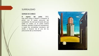 SURREALISMO
GIORGIO DE CHIRICO
El regreso del poeta. 1911.
Esta obra indujo a Bretón a comparar al
pintor con el poeta precursor del
surrealismo. Se cree que el poeta del que
habla el cuadro es el poeta Isidore
Ducasse, llamado Conde de Lautréamont,
a quien los surrealistas rescataron del
olvido e hicieron de él uno de los
precursores de su movimiento.
 