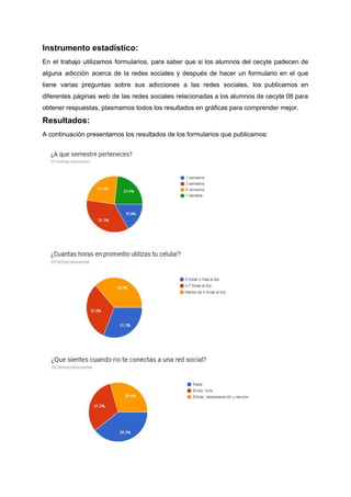 Instrumento​ ​estadístico:
En el trabajo utilizamos formularios, para saber que si los alumnos del cecyte padecen de
alguna adicción acerca de la redes sociales y después de hacer un formulario en el que
tiene varias preguntas sobre sus adicciones a las redes sociales, los publicamos en
diferentes páginas web de las redes sociales relacionadas a los alumnos de cecyte 08 para
obtener​ ​respuestas,​ ​plasmamos​ ​todos​ ​los​ ​resultados​ ​en​ ​gráficas​ ​para​ ​comprender​ ​mejor.
Resultados:
A​ ​continuación​ ​presentamos​ ​los​ ​resultados​ ​de​ ​los​ ​formularios​ ​que​ ​publicamos:
 