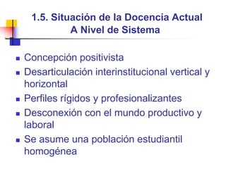 1.5. Situación de la Docencia ActualA Nivel de SistemaConcepción positivista  Desarticulación interinstitucional vertical y horizontalPerfiles rígidos y profesionalizantesDesconexión con el mundo productivo y laboral Se asume una población estudiantil homogénea