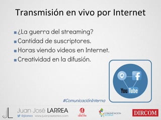 Transmisión en vivo por Internet
■¿La guerra del streaming?
■Cantidad de suscriptores.
■Horas viendo videos en Internet.
■Creatividad en la difusión.
#ComunicaciónInterna
 