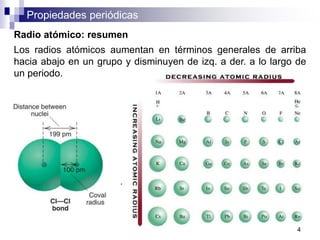 Propiedades periódicas
Radio atómico: resumen
Los radios atómicos aumentan en términos generales de arriba
hacia abajo en un grupo y disminuyen de izq. a der. a lo largo de
un periodo.
.
4
 