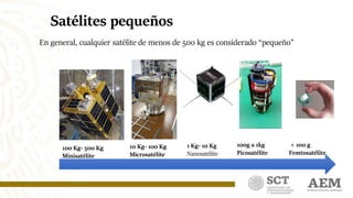 Satélites pequeños
100 Kg- 500 Kg
Minisatélite
10 Kg- 100 Kg
Microsatélite
1 Kg- 10 Kg
Nanosatélite
100g a 1kg
Picosatélite
< 100 g
Femtosatélite
En general, cualquier satélite de menos de 500 kg es considerado “pequeño”
 