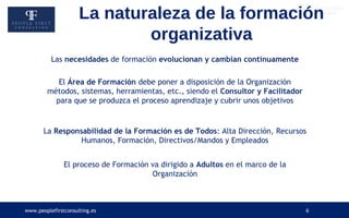 www.peoplefirstconsulting.es 6
El Área de Formación debe poner a disposición de la Organización
métodos, sistemas, herramientas, etc., siendo el Consultor y Facilitador
para que se produzca el proceso aprendizaje y cubrir unos objetivos
La Responsabilidad de la Formación es de Todos: Alta Dirección, Recursos
Humanos, Formación, Directivos/Mandos y Empleados
El proceso de Formación va dirigido a Adultos en el marco de la
Organización
La naturaleza de la formación
organizativa
Las necesidades de formación evolucionan y cambian continuamente
 