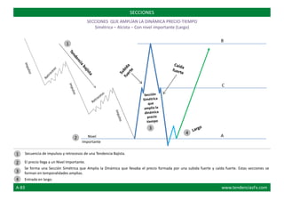 B
C
ANivel
Importante
Secuencia de impulsos y retrocesos de una Tendencia Bajista.
El precio llega a un Nivel Importante.
Se forma una Sección Simétrica que Amplia la Dinámica que llevaba el precio formada por una subida fuerte y caída fuerte. Estas secciones se
forman en temporalidades amplias.
Entrada en largo.
SECCIONES
1
1
2
3
4
2
3
4
SECCIONES QUE AMPLÍAN LA DINÁMICA PRECIO-TIEMPO
Simétrica – Alcista – Con nivel importante (Largo)
A-83 www.tendenciasFx.com
 