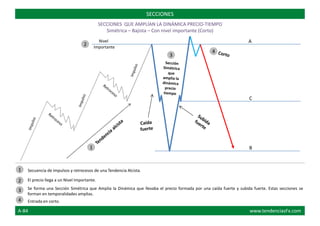 ANivel
Importante
C
B
Secuencia de impulsos y retrocesos de una Tendencia Alcista.
El precio llega a un Nivel Importante.
Se forma una Sección Simétrica que Amplia la Dinámica que llevaba el precio formada por una caída fuerte y subida fuerte. Estas secciones se
forman en temporalidades amplias.
Entrada en corto.
SECCIONES
1
1
2
3
4
2
3
4
SECCIONES QUE AMPLÍAN LA DINÁMICA PRECIO-TIEMPO
Simétrica – Bajista – Con nivel importante (Corto)
A-84 www.tendenciasFx.com
 