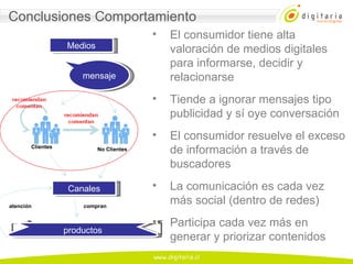 Canales Medios mensaje productos compran atención Conclusiones Comportamiento El consumidor tiene alta valoración de medios digitales para informarse, decidir y relacionarse Tiende a ignorar mensajes tipo publicidad y sí oye conversación El consumidor resuelve el exceso de información a través de buscadores La comunicación es cada vez más social (dentro de redes) Participa cada vez más en generar y priorizar contenidos Clientes No Clientes 