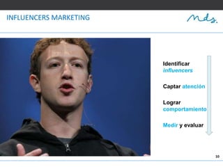 10
INFLUENCERS MARKETING
Identificar
influencers
Captar atención
Lograr
comportamiento
Medir y evaluar
 