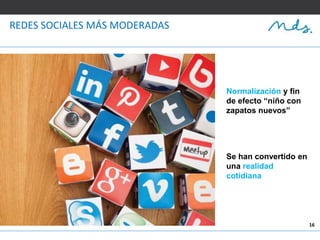 16
REDES SOCIALES MÁS MODERADAS
Normalización y fin
de efecto “niño con
zapatos nuevos”
Se han convertido en
una realidad
cotidiana
 