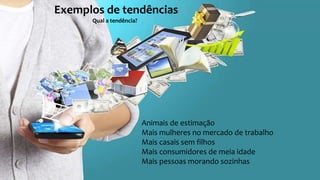 Exemplos de tendências
Qual a tendência?
Animais de estimação
Mais mulheres no mercado de trabalho
Mais casais sem filhos
Mais consumidores de meia idade
Mais pessoas morando sozinhas
 