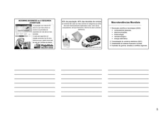 5
A população com mais de 50
anos é a que mais cresce no
mundo e as previsões de
expectativa de vida são as mais
elevadas.
A cada sete segundos um
cidadão americano faz 50 anos.
Estima-se que o gasto anual seja
de mais de 2 trilhões de dólares.
BOOMING BUSINESS ou A SEGUNDA
JUVENTUDE
50% da população, 80% das decisões de compra
as mulheres têm cada vez mais controle em categorias que antes
não eram tradicionalmente objetivadas a elas, como carros,
computadores, serviços financeiros, reforma da casa e produtos
eletrônicos.
Lancia Ypsilon B-Kini 2004
Macrotendências Mundiais
1. Revolução científica e tecnológica (2020)
computadores pessoais,
telecomunicações,
biotecnologia,
nanotecnologia e
energia alternativa.
2. Consolidação do comércio eletrônico (B2C)
3. Instabilidade do sistema financeiro mundial.
4. Explosão de guerras, tensões e conflitos regionais.
 