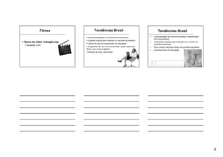 6
Filmes
Nome do vídeo: Indulgências.
Duração: 0:30’
Desnacionalização e crescimento da economia.
Ingresso maciço das mulheres no mercado de trabalho.
Queda da taxa de crescimento da população.
Surgimento de um novo consumidor: jovem casal sem
filhos, com renda supérflua.
Número de ricos diminuindo.
Tendências Brasil
Universalização das telecomunicações e massificação
dos computadores.
Crescentes pressões pela resolução e/ou controle de
questões ambientais.
Novo modelo industrial voltado aos produtos populares.
Envelhecimento da População.
Tendências Brasil
 