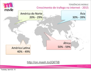 TENDÊNCIAS	
  MOBILE
                                         Crescimento	
  de	
  trafego	
  na	
  internet	
  -­‐	
  2015
                        América	
  do	
  Norte                                                     Ásia
                              20%	
  -­‐	
  29%                                      30%	
  -­‐	
  39%




                                                                      África
               América	
  LaOna                                  50%	
  -­‐	
  59%
                  40%	
  -­‐	
  49%


                               http://on.mash.to/jQ6TiB
                                                                                           proprietário	
  e	
  conﬁdencial


Tuesday, April 23, 13
 