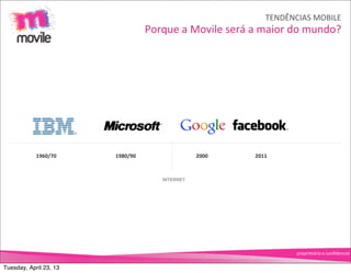 TENDÊNCIAS	
  MOBILE
                                  Porque	
  a	
  Movile	
  será	
  a	
  maior	
  do	
  mundo?




            1960/70     1980/90                   2000             2011



                                       INTERNET




                                                                               proprietário	
  e	
  conﬁdencial


Tuesday, April 23, 13
 