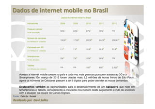 
Dados	
  de	
  internet	
  mobile	
  no	
  Brasil	
  
	
  




      Acesso a internet mobile cresce no país e cada vez mais pessoas possuem acesso ao 3G e a
      Smartphones. Em março de 2012 foram criadas mais 3,2 milhões de novas linhas de São Paulo,
      agora os números de Celulares passam a ter 9 dígitos para poder atender as novas demandas.

      Destacamos também as oportunidades para o desenvolvimento de um Aplicativo que rode em
      Smartphones e Tablets, considerando a crescente nos número deste seguimento e indo de encontro
      com a atuação da equipe de Canais Digitais.
Fonte: Cetic.br / Anatel
Realizado	
  por	
  	
  Davi	
  Salles
 