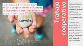 Trabajo
cooperativo
El trabajo cooperativo,
entiende la cooperación
como una asociación
entre personas que
van en busca de ayuda
mutua en tanto
procuran realizar
actividades conjuntas,
de manera tal que
puedan aprender unos
de otros.
El trabajo en grupo
permite que los
alumnos se unan, se
apoyen mutuamente,
que tengan mayor
voluntad, consiguiendo
crear más y cansándose
menos... ya que los
esfuerzos individuales
articulados en un
grupo cooperativo
cobran más fuerza.El aprendizaje cooperativo favorece la
convivencia desde la aceptación de las
diferencias
La práctica de la cooperación
implica conjunción de esfuerzos,
de acuerdos e interdependencia
entre las personas.
Photo by Danielle MacInnes on Unsplash
 
