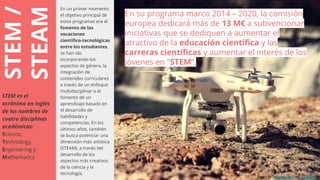 STEM/
STEAM
En un primer momento
el objetivo principal de
estos programas era el
fomento de las
vocaciones
cientifico-tecnológicas
entre los estudiantes,
se han ido
incorporando los
aspectos de género, la
integración de
contenidos curriculares
a través de un enfoque
multidisciplinar o el
fomento de un
aprendizaje basado en
el desarrollo de
habilidades y
competencias. En los
últimos años, también
se busca potenciar una
dimensión más artística
(STEAM), a través del
desarrollo de los
aspectos más creativos
de la ciencia y la
tecnología.
STEM es el
acrónimo en inglés
de los nombres de
cuatro disciplinas
académicas:
Science,
Technology,
Engineering y
Mathematics
En su programa marco 2014 – 2020, la comisión
europea dedicará más de 13 M€ a subvencionar
iniciativas que se dediquen a aumentar el
atractivo de la educación científica y las
carreras científicas y aumentar el interés de los
jóvenes en "STEM”.
Photo by Simeon Frank on Unsplash
 