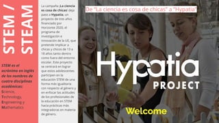 STEM/
STEAM
La campaña ¡La ciencia
es cosa de chicas! deja
paso a Hypatia, un
proyecto de tres años
financiado por
Horizonte 2020, el
programa de
investigación e
innovación de la UE, que
pretende implicar a
chicas y chicos de 13 a
18 años tanto dentro
como fuera del entorno
escolar. Este proyecto
se centrará en lograr
que estos adolescentes
participen en la
educación STEM de una
forma más igualitaria
con respecto al género y
en enfocar las actitudes
de los profesionales de
la educación en STEM
hacia prácticas más
integradoras en materia
de género.
STEM es el
acrónimo en inglés
de los nombres de
cuatro disciplinas
académicas:
Science,
Technology,
Engineering y
Mathematics
De “La ciencia es cosa de chicas” a “Hypatia”
 